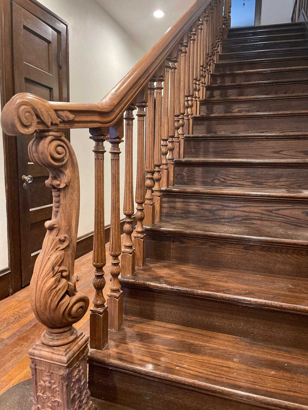 Old World Newel Post Staircase.